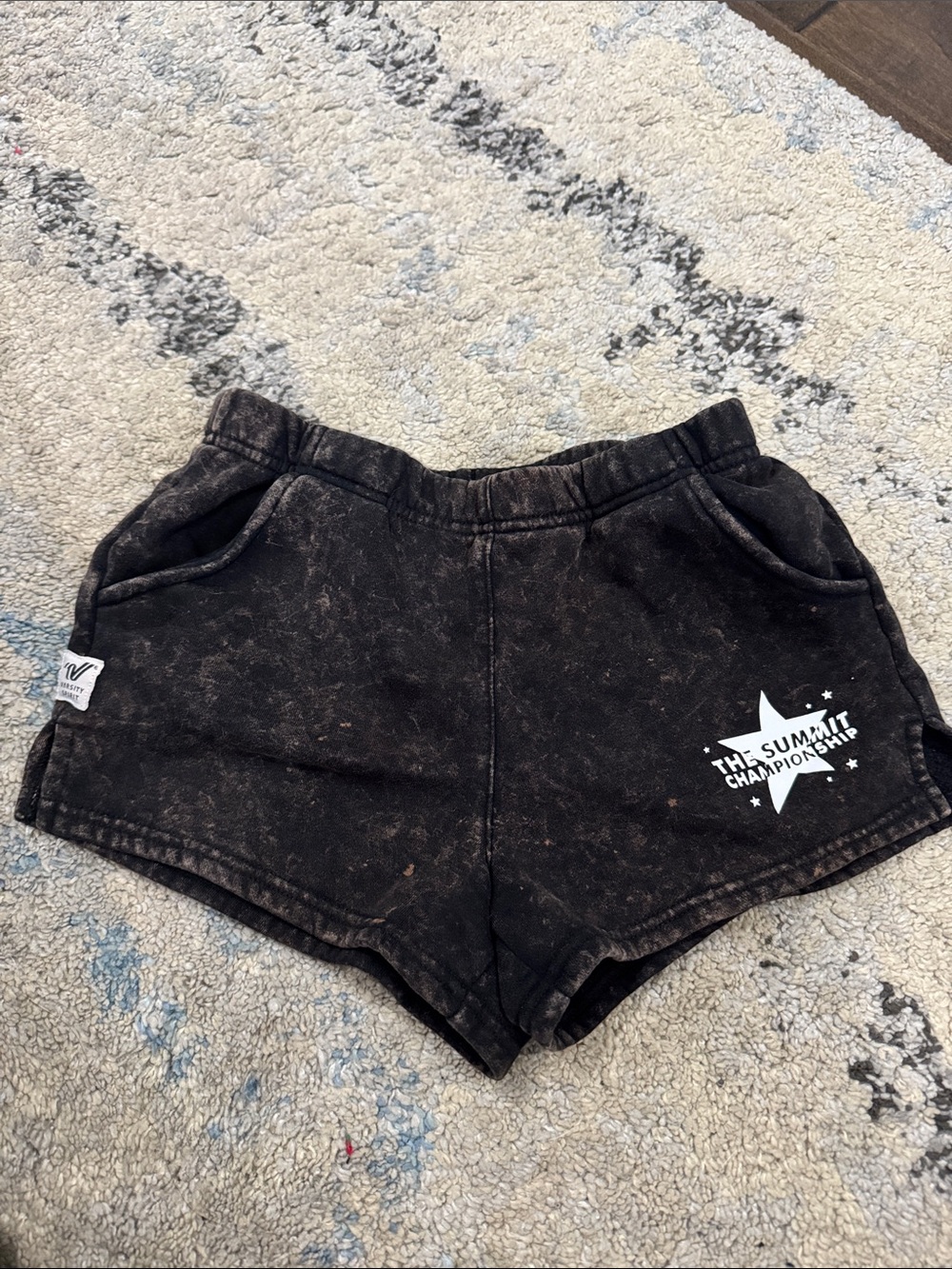Varsity Black Mineral-Wash Kids Shorts with White Star Graphic
